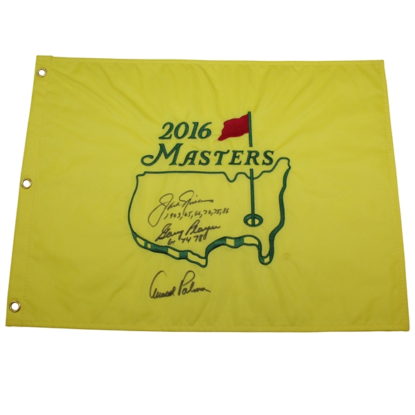 Arnold Palmer with Jack Nicklaus & Gary Player Signed 2016 Masters Embroidered Flag with Years Won JSA ALOA