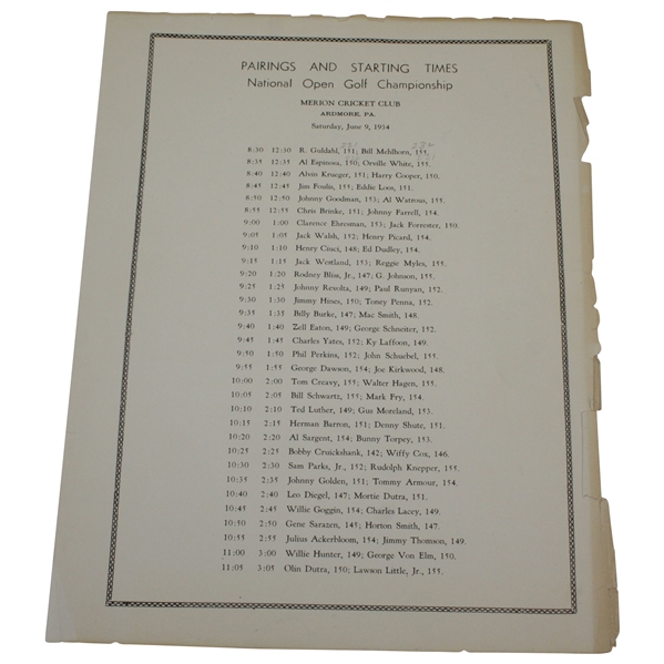 1934 US Open at Merion Cricket Club Program With Seldom Seen Pairing Sheet