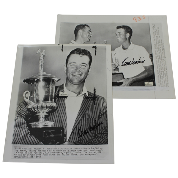 Two Signed Ken Venturi Wire Photos From 1958 & 1959 Chicago Open Win JSA ALOA