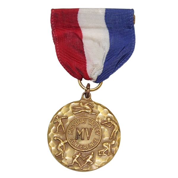 Missouri Valley Conference 1947 Champion Golf Team Medal by Jostens with Tri-Color Ribbon Bar Pin