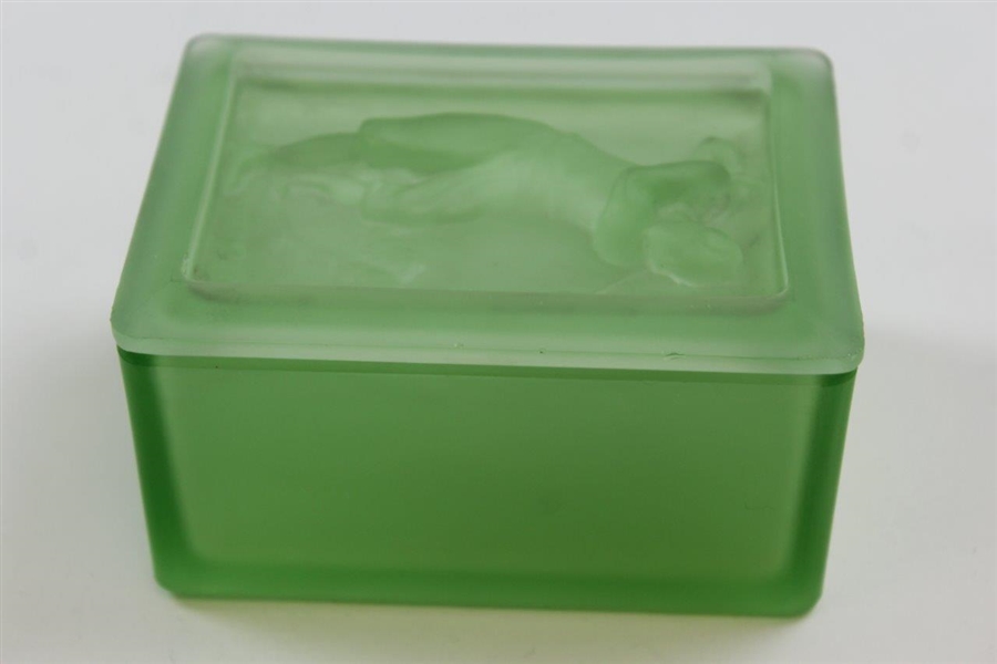 Two Piece Frosted Green Glass Intaglio Cut Dresser Set