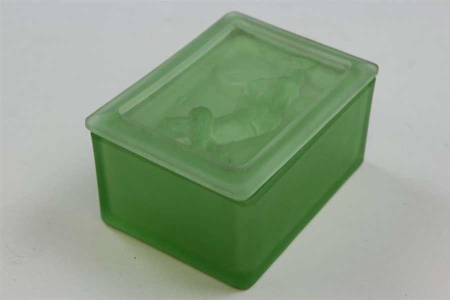 Two Piece Frosted Green Glass Intaglio Cut Dresser Set