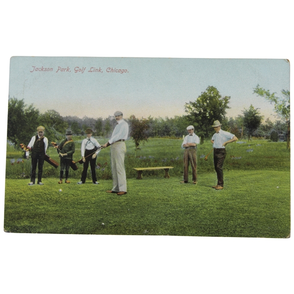 Rare postcard of Charles Blair Macdonald (driving) and Chick Evans (watching) in Jackson Park Chicago Illinois