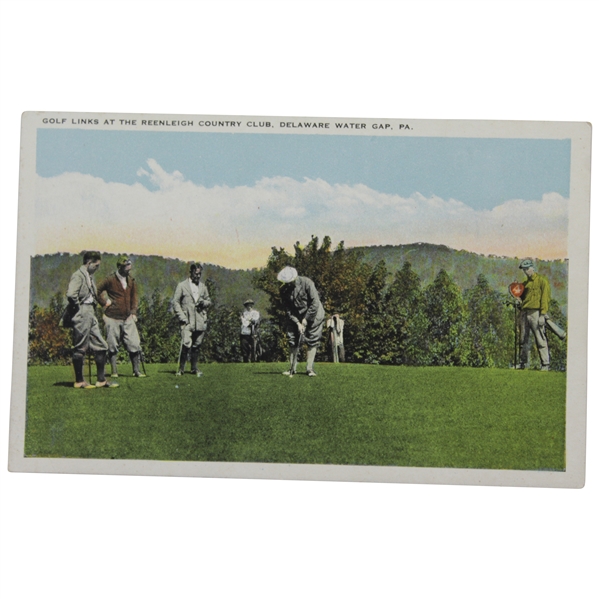 Rare postcard of Bobby Jones (watching) and Walter Travis (putting) at the Reenleigh Country Club Pennsylvania