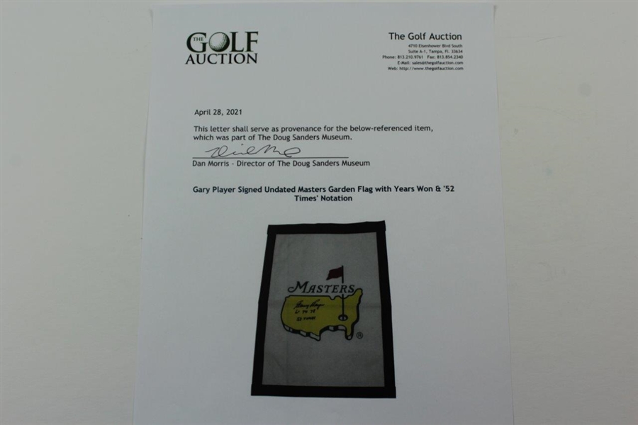 Gary Player Signed Undated Masters Garden Flag with Years Won & '52 Times' Notation JSA ALOA