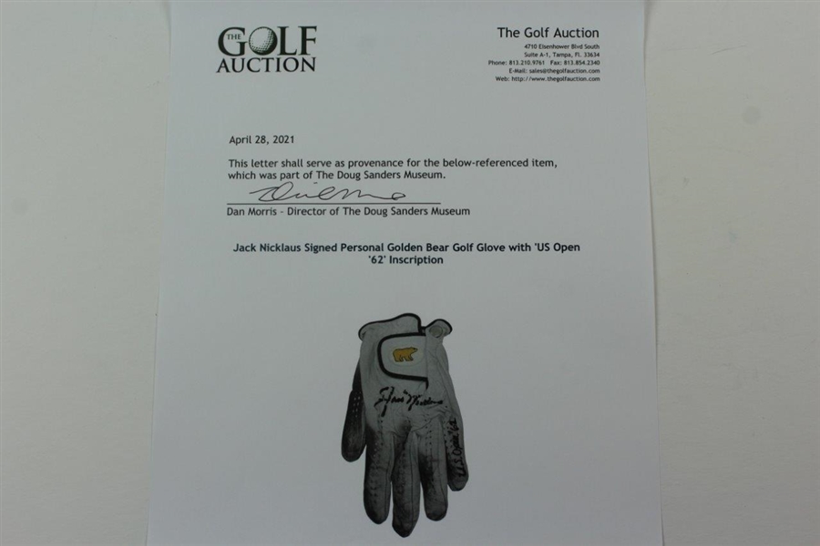 Jack Nicklaus Signed Personal Golden Bear Golf Glove with 'US Open '62' Inscription JSA ALOA