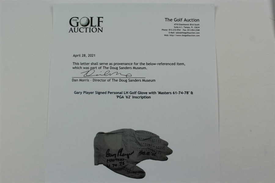 Gary Player Signed Personal LH Golf Glove with 'Masters 61-74-78' & 'PGA '62' Inscription JSA ALOA