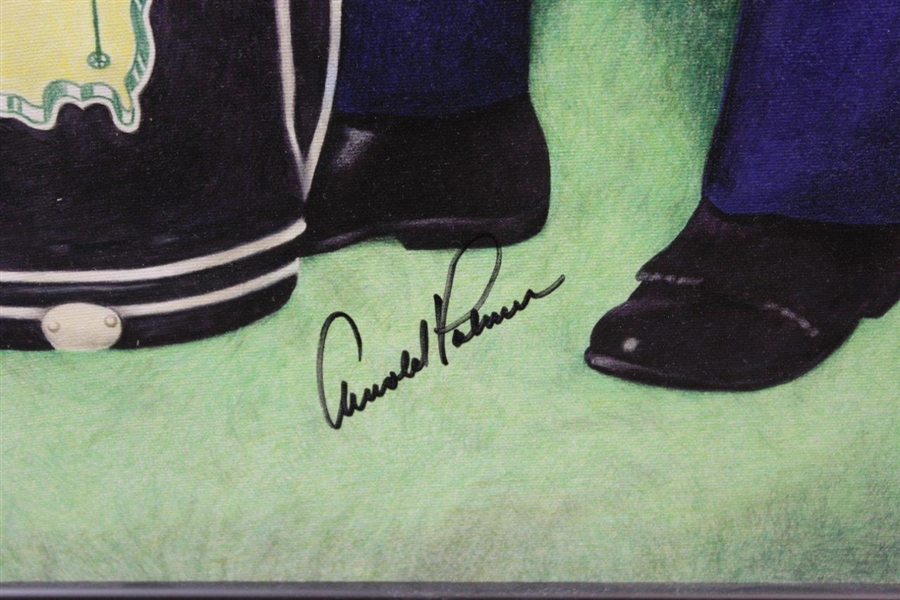 Arnold Palmer Signed Augusta Clubhouse with Major Championship Winning Golf Bags Kathy Crosse Print - Framed JSA ALOA