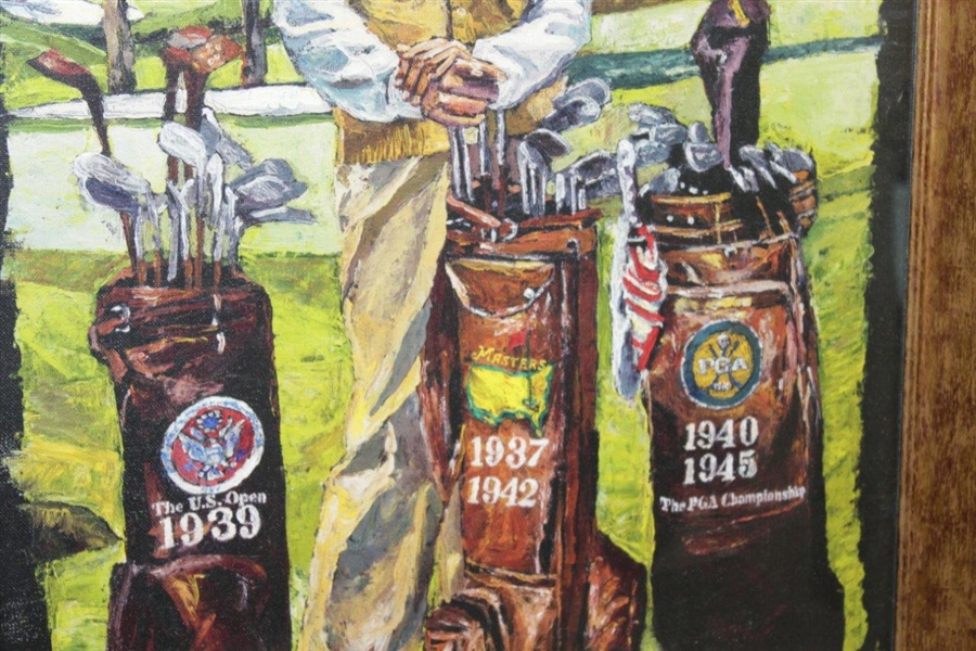 Byron Nelson Signed Augusta Course Background with Major Championship Winning Golf Bags Print - Framed JSA ALOA