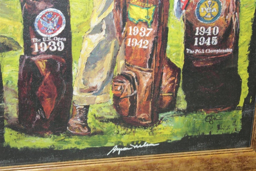Byron Nelson Signed Augusta Course Background with Major Championship Winning Golf Bags Print - Framed JSA ALOA