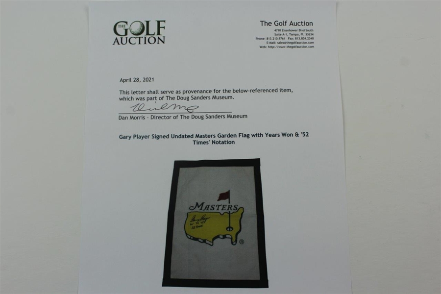 Gary Player Signed Undated Masters Garden Flag with Years Won & '52 Times' Notation JSA ALOA