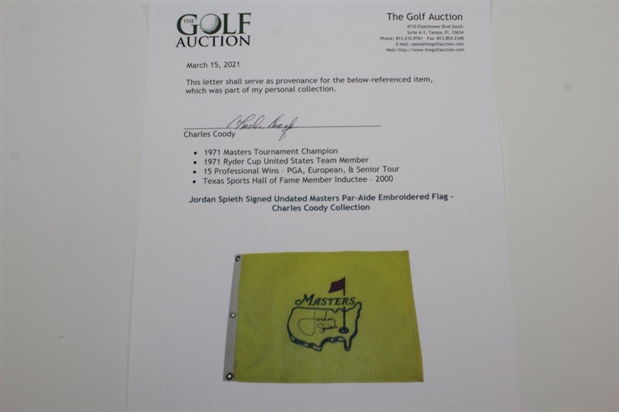 Jordan Spieth Signed Undated Masters Par-Aide Embroidered Flag - Charles Coody Collection JSA ALOA