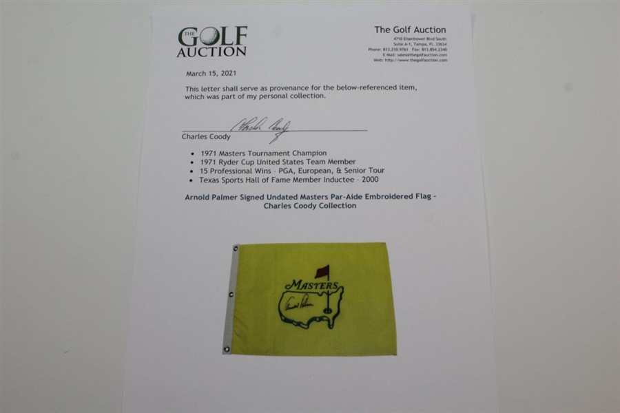 Arnold Palmer Signed Undated Masters Par-Aide Embroidered Flag - Charles Coody Collection JSA ALOA