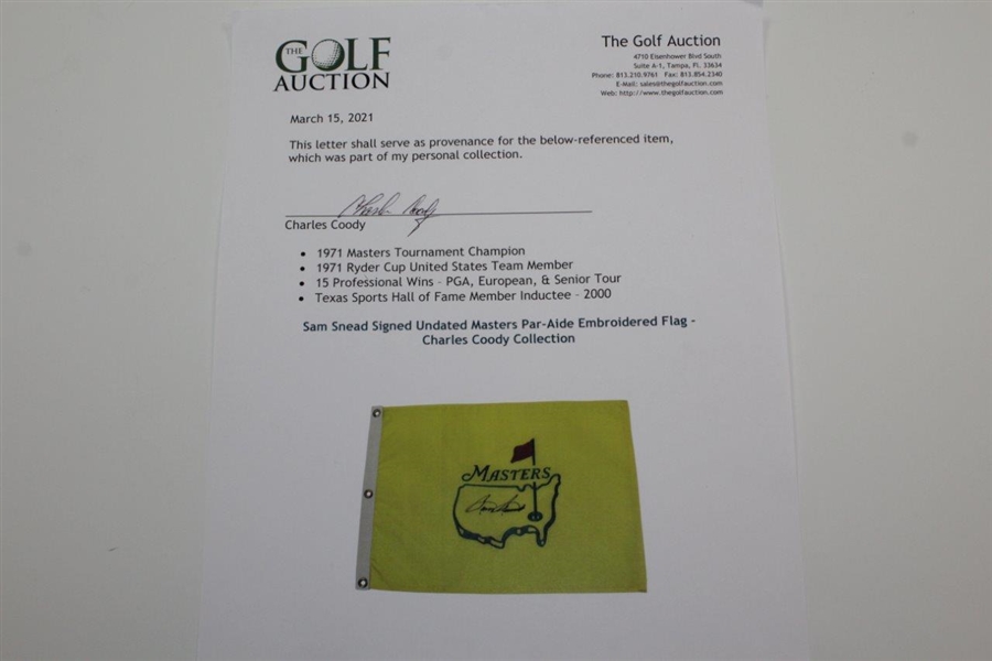 Sam Snead Signed Undated Masters Par-Aide Embroidered Flag - Charles Coody Collection JSA ALOA