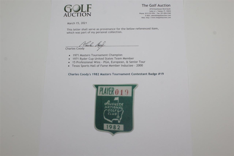 Charles Coody's 1982 Masters Tournament Contestant Badge #19