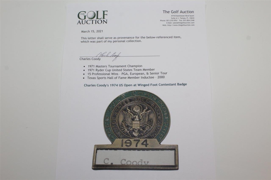 Charles Coody's 1974 US Open at Winged Foot Contestant Badge