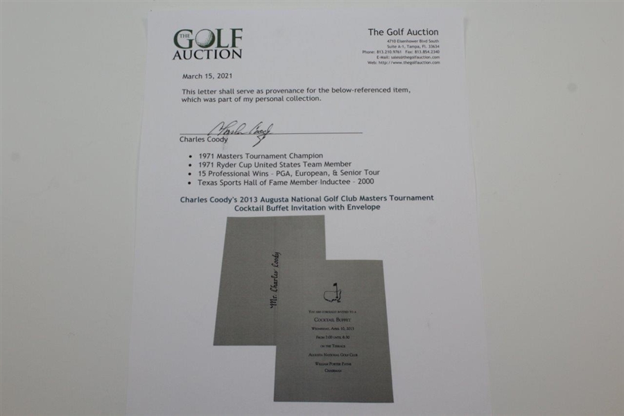 Charles Coody's 2013 Augusta National Golf Club Masters Tournament Cocktail Buffet Invitation with Envelope