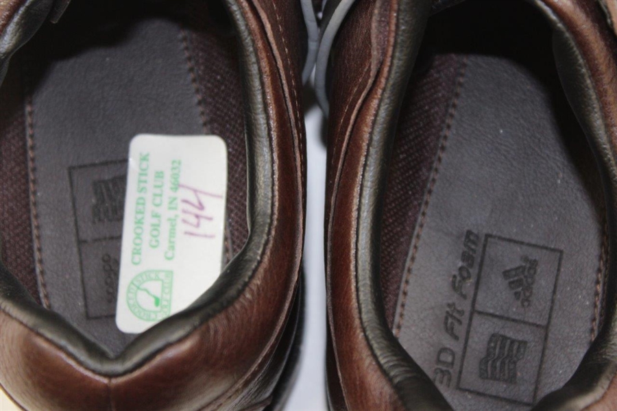 Greg Norman's Personal Used Tour360 Ltd Adidas Brown Golf Shoes with Crooked Stick Golf Club Sticker