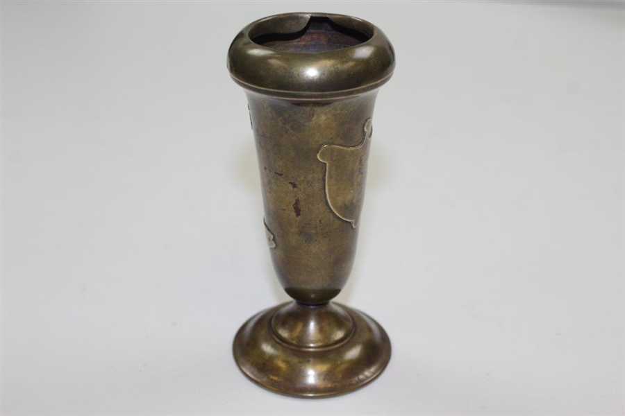 Vintage Brass Bud Vase With Time-Period Golfer Mid-Swing Depiction 