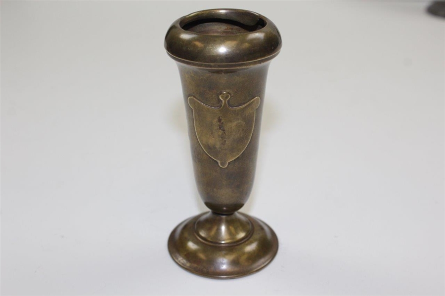 Vintage Brass Bud Vase With Time-Period Golfer Mid-Swing Depiction 