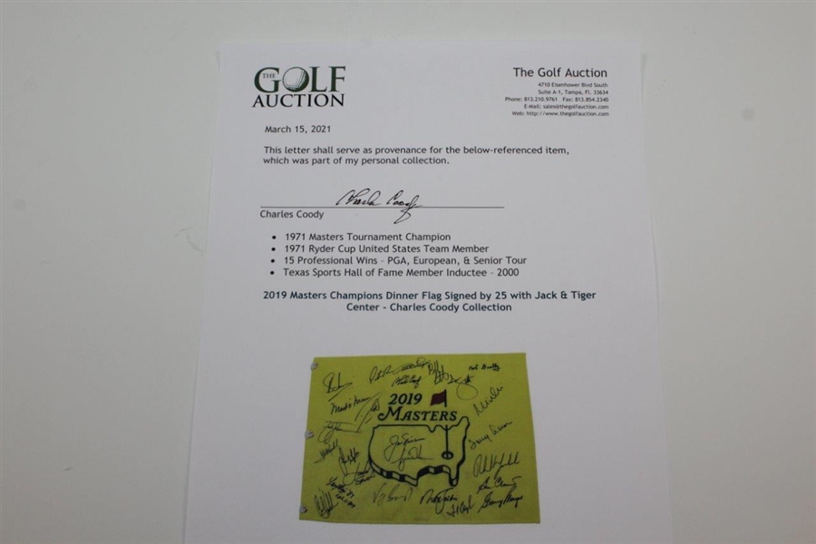 2019 Masters Champions Dinner Flag Signed by 25 with Jack & Tiger Center - Charles Coody Collection JSA ALOA