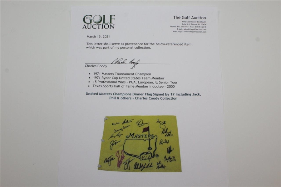 Undated  Masters Champions Dinner Flag Signed by 17 Including Jack, Phil & others - Charles Coody Collection JSA ALOA