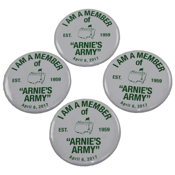 Four (4) I Am A Member of Arnie's Army 2017 Masters Commemorative White with Green Pins