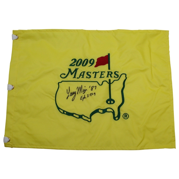 Larry Mize Signed 2009 Masters Embroidered Flag with Year Won Notation & Scripture JSA ALOA
