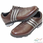 Greg Normans Personal Used Tour360 Ltd Adidas Brown Golf Shoes with Crooked Stick Golf Club Sticker