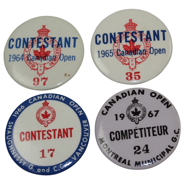 Charles Coody's 1964, 1965, 1966, & 1967 Canadian Open Contestant Badges