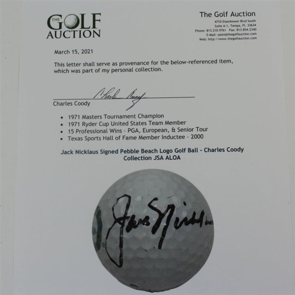Jack Nicklaus Signed Pebble Beach Logo Golf Ball - Charles Coody Collection JSA ALOA