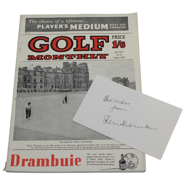 Peter Thomson Signed Card With 1955 Golf Monthly Book - 1955 Open Champion JSA ALOA