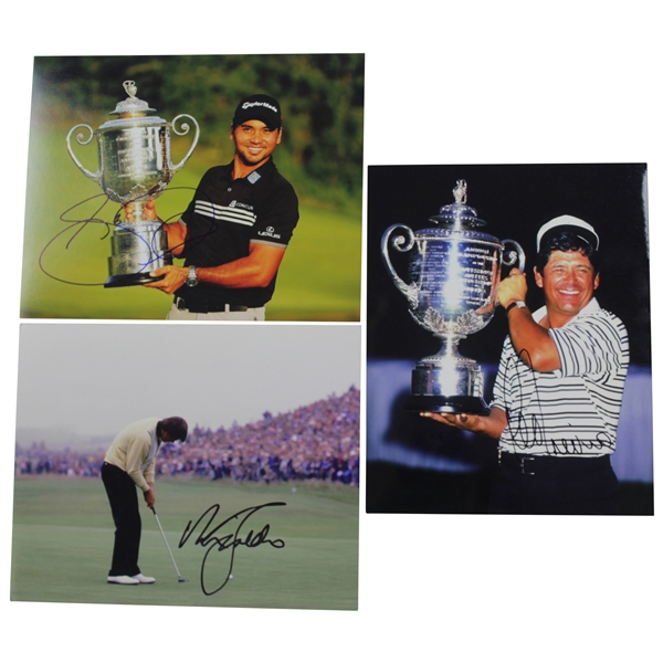 Nick Faldo Signed Putting Photo with Lee Trevino & Jason Day Signed PGA Trophies Photos JSA ALOA