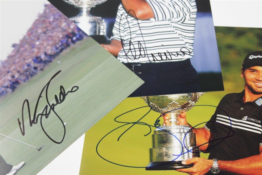 Nick Faldo Signed Putting Photo with Lee Trevino & Jason Day Signed PGA Trophies Photos JSA ALOA