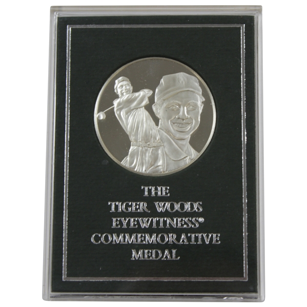 Franklin Mint Suppressed Tiger Woods Eyewitness Commemorative Sterling Silver Medal with Box & Stand