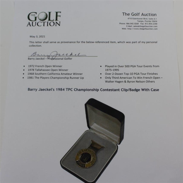 Barry Jaeckel's 1984 TPC Championship Contestant Clip/Badge With Case