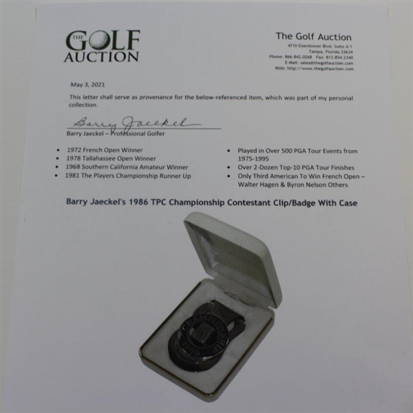 Barry Jaeckel's 1986 TPC Championship Contestant Clip/Badge With Case