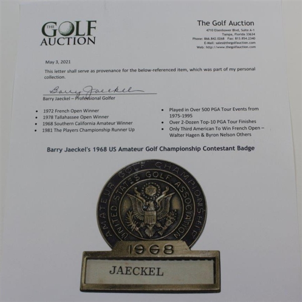 Barry Jaeckel's 1968 US Amateur Golf Championship Contestant Badge