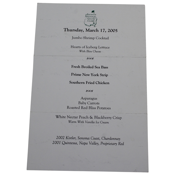 Lou Holtz Signed 2005 Augusta National Golf Club Menu With 3 Questions & 3 Rules JSA ALOA