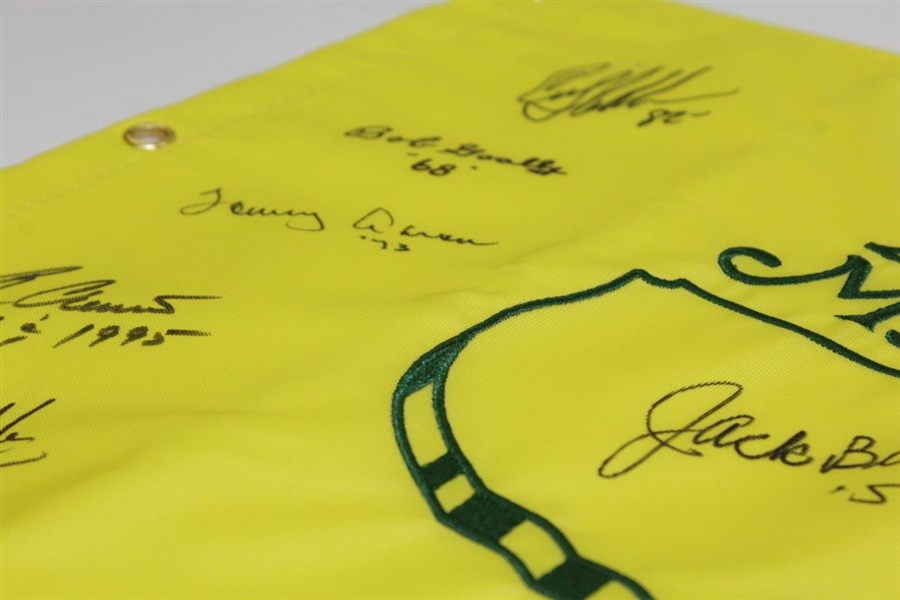Ten (10) Masters Champions Signed 2019 Flag With Dates JSA ALOA
