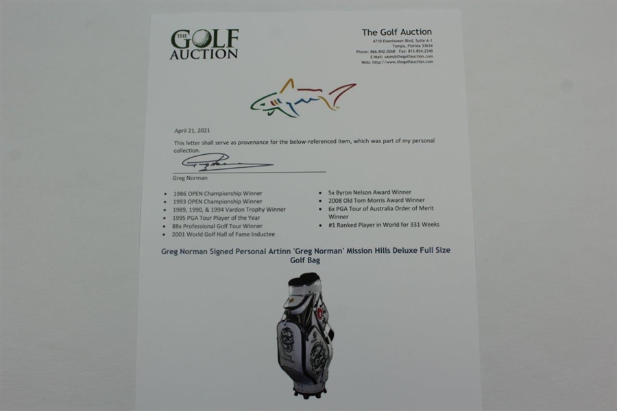 Greg Norman Signed Personal Artinn 'Greg Norman' Mission Hills Deluxe Full Size Golf Bag JSA ALOA
