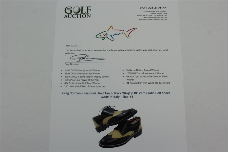 Greg Norman's Personal Used Tan & Black Wingtip RC Vero Cudio Golf Shoes - Made in Italy - Size 44