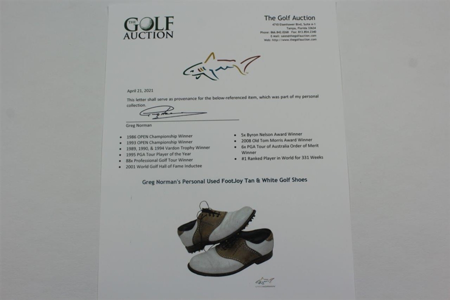Greg Norman's Personal Used FootJoy Tan & White Golf Shoes