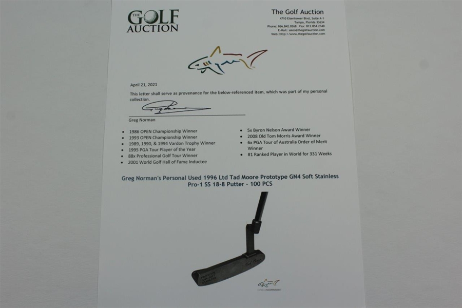 Greg Norman's Personal Used 1996 Ltd Tad Moore Protoype GN4 Soft Stainless Pro-1 SS 18-8 Putter - 100 PCS