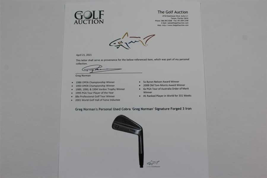 Greg Norman's Personal Used Cobra 'Greg Norman' Signature Forged 3 Iron