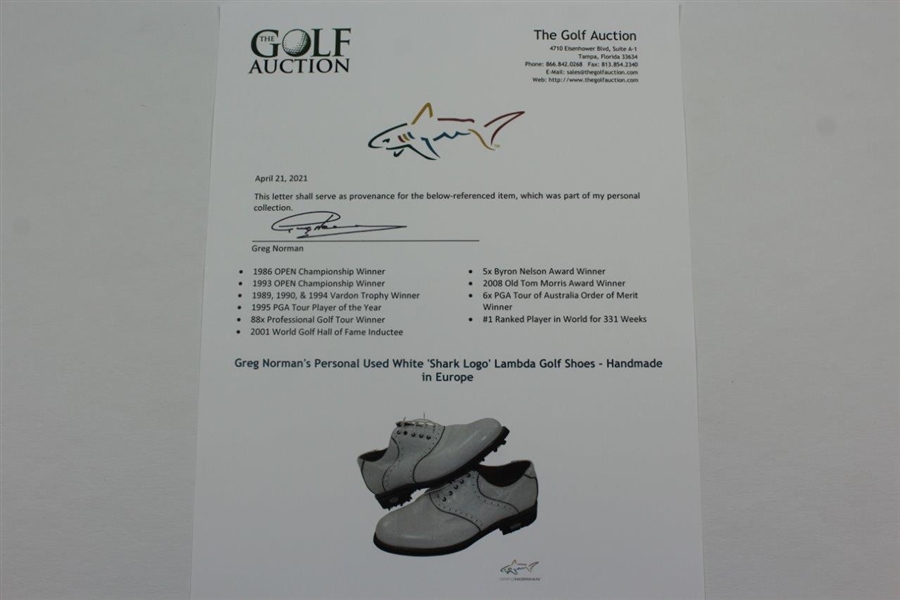 Greg Norman's Personal Used White 'Shark Logo' Lambda Golf Shoes - Handmade in Europe - Size 43