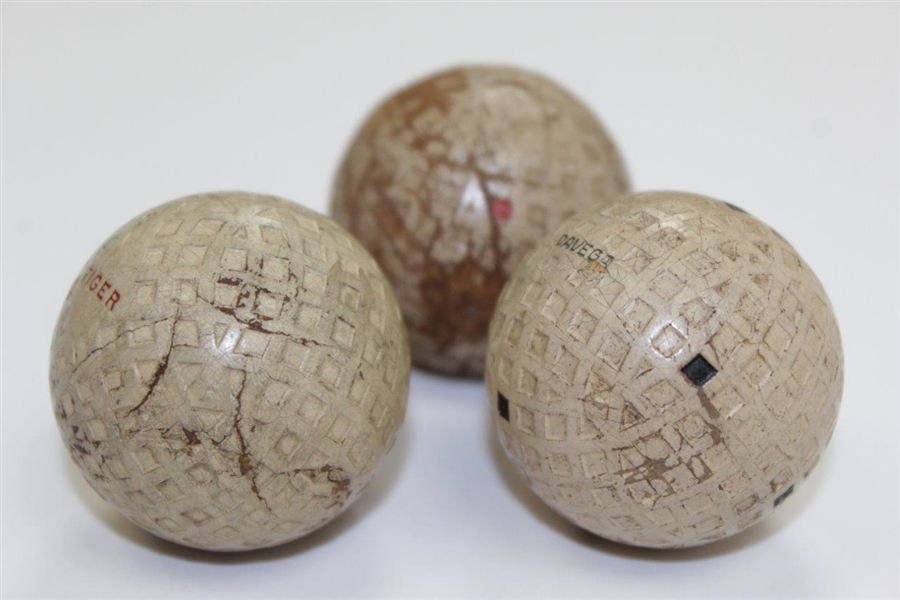 Three (3) Vintage Square Mesh Golf Balls - Davega, Tiger, & Wilson