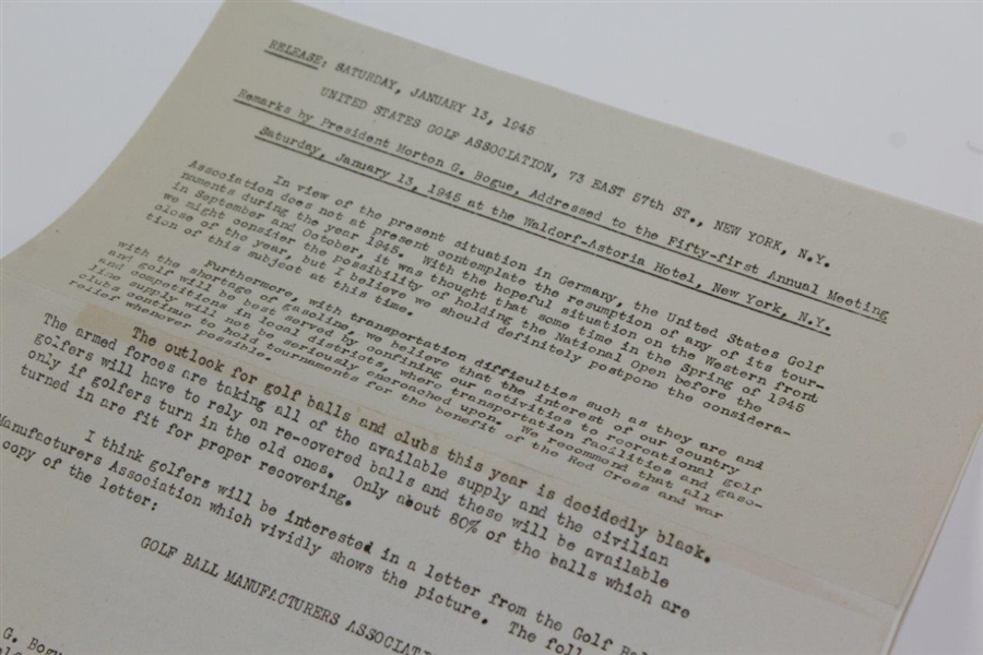 1945 U.S.G.A. Press Release - World War II Cancel US Open & Golf Ball Shortage