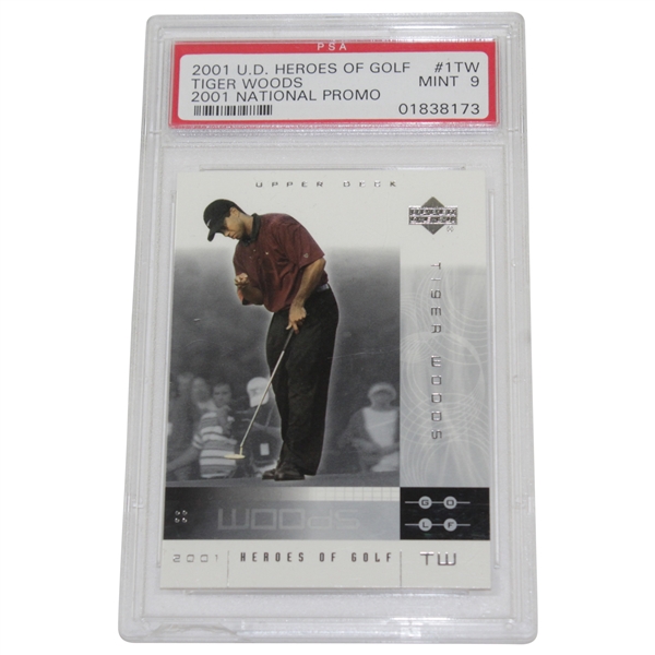 Tiger Woods 2001 Upper Deck Heroes Of Golf National Promo Golf Card PSA 9