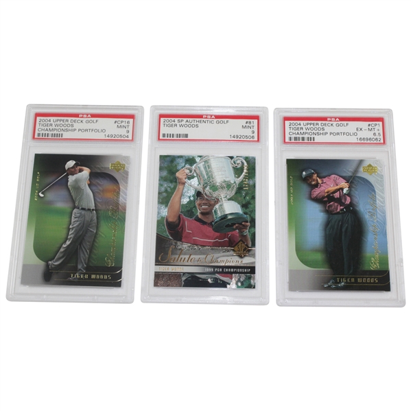 Three (3) Tiger Woods 2004 UDA PSA Slabbed Cards - Championship Portfolio(x2) & Salute - Mint 9, Mint 9, & EX-MT+ 6.5